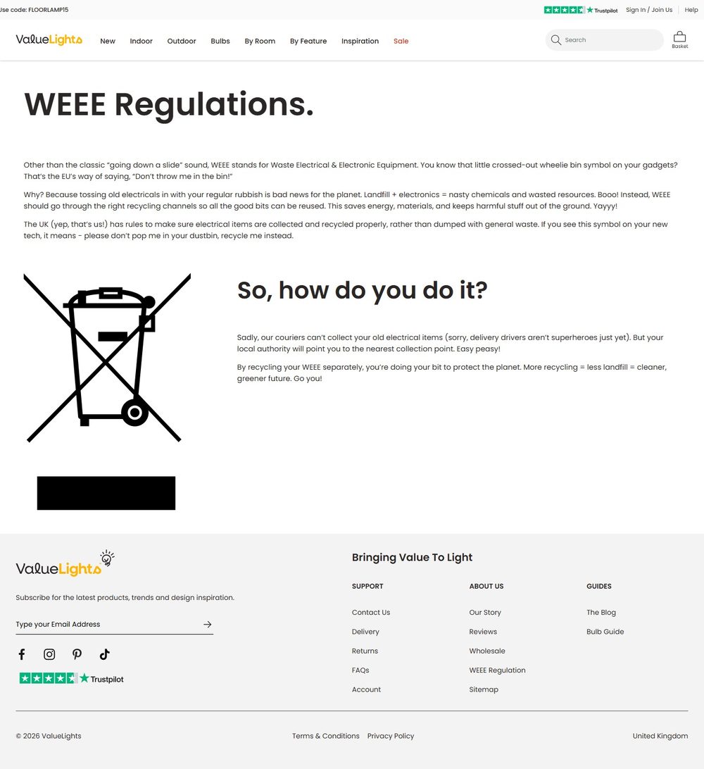WEEE Regulations page for ValueLights — copy by Jenny Hardy